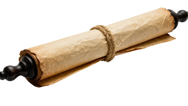 Antique parchment scroll tied with rough twine, isolated on transparent background