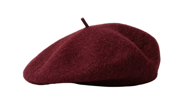 Deep red wool beret hat with small stem, isolated on transparent background