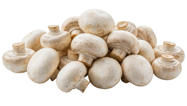 Pile of fresh white button mushrooms, isolated on transparent background