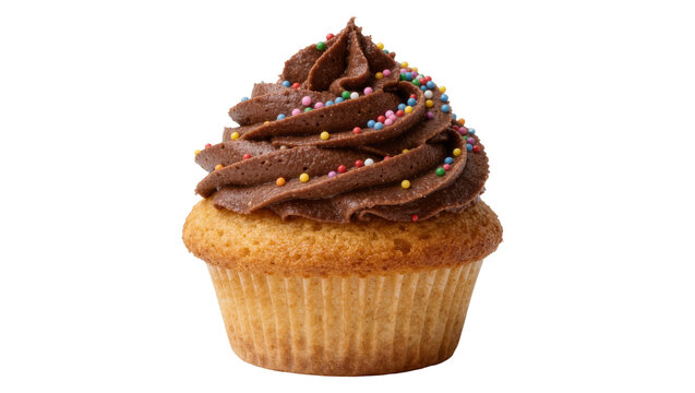 Golden vanilla cupcake with rich chocolate frosting and colorful sprinkles, isolated on transparent background