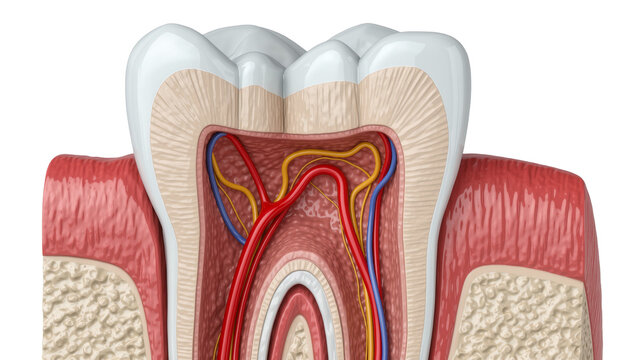Cross-section of a human tooth showing enamel dentin pulp nerves and blood vessels, isolated on transparent background