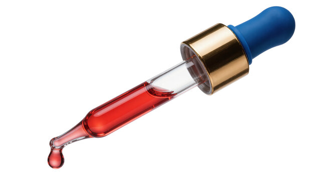 Glass dropper with blue rubber bulb and gold collar holding red liquid, isolated on transparent background