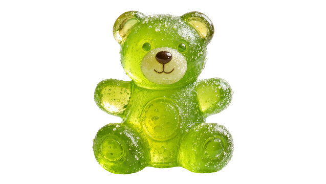 Green gummy bear candy covered in sugar crystals, isolated on transparent background