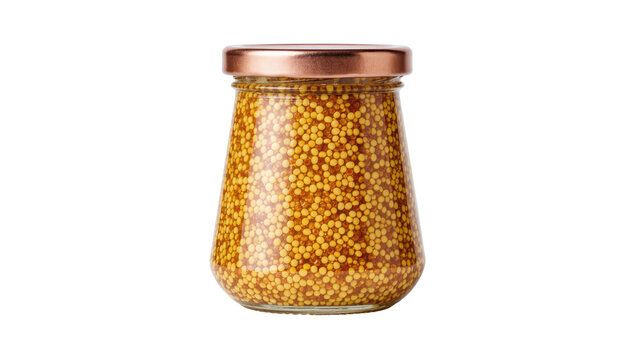 Whole grain mustard in a glass jar with copper lid, isolated on transparent background