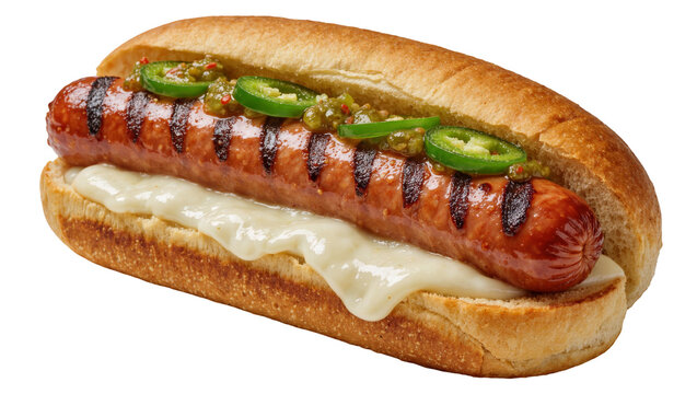 Grilled sausage hot dog with melted cheese and jalapenos, isolated on transparent background