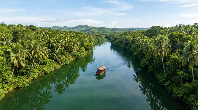 Aerial view of a traditional river boat cruising through a lush tropical river surrounded by dense coconut palms and forest in Bohol, Philippines.
