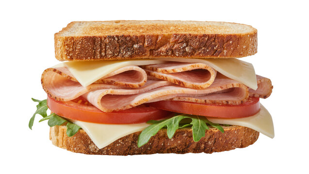 Toasted whole wheat bread sandwich with sliced turkey cheese tomato and arugula, isolated on transparent background