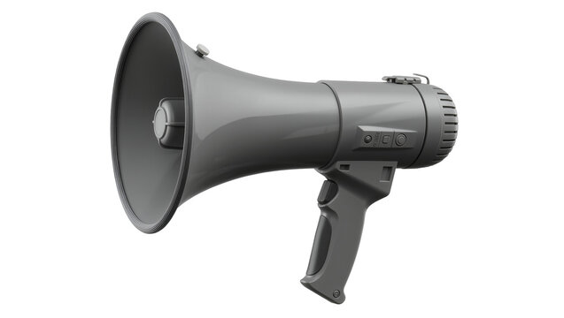 Gray plastic megaphone with handle and buttons, isolated on transparent background