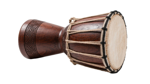 Hand carved wooden djembe drum with natural skin head, isolated on transparent background