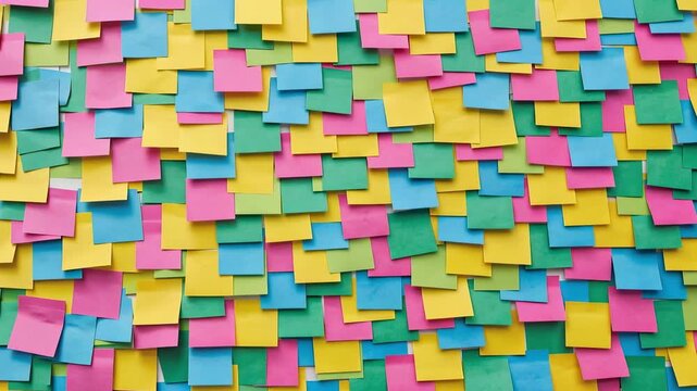 Colorful sticky notes cover a wall in a changing abstract pattern, presenting a lively visual background for office planning, creativity, and organization
