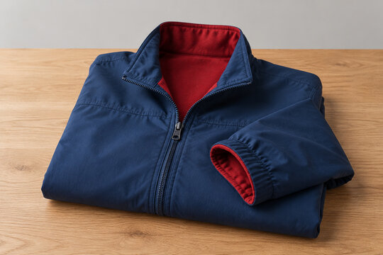 Folded reversible jacket in deep blue with red inner lining on oak surface, versatile fashion concept