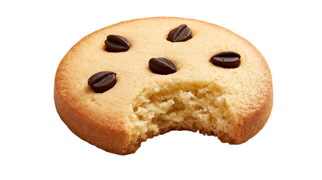 Round butter cookie with coffee beans and a bite taken out
