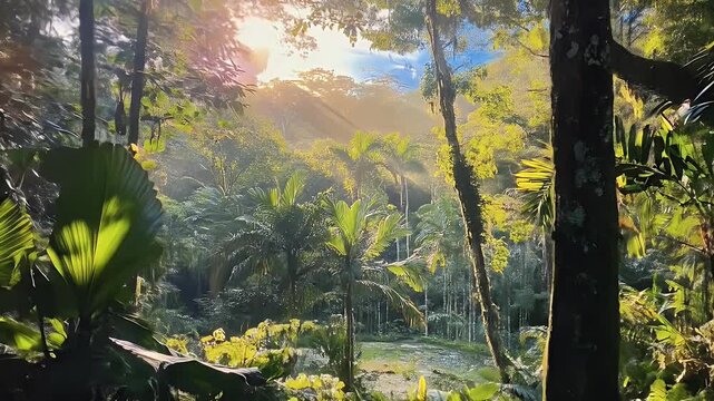 Verdant jungle foliage with golden sunlight filtering through the trees