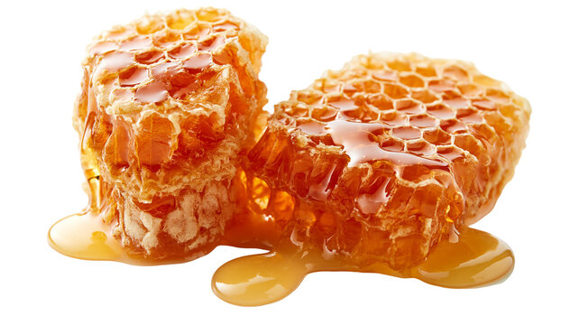 Golden raw honeycomb chunks with dripping liquid honey
