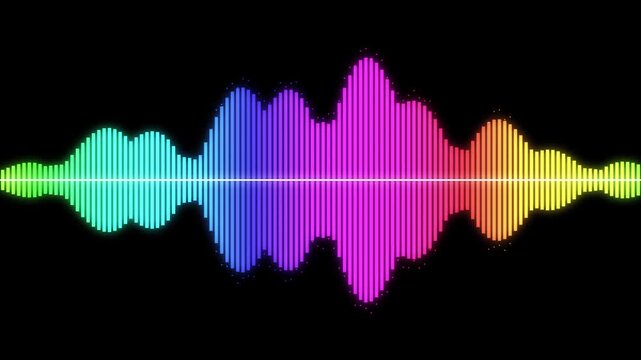 Rainbow audio spectrum wave on black background, vibrant digital sound frequency equalizer, colorful music visualization bars for podcasting, neon voice recording waveform animation High Quality