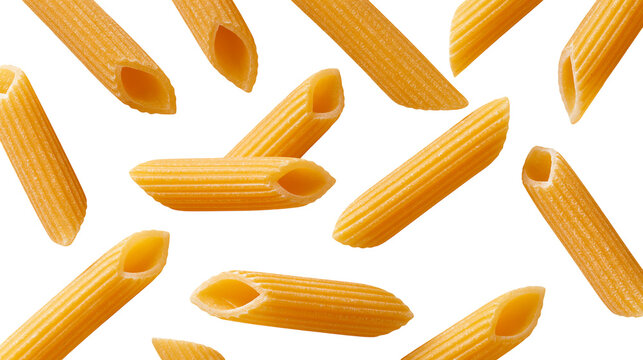 Dry uncooked golden yellow penne pasta tubes scattered
