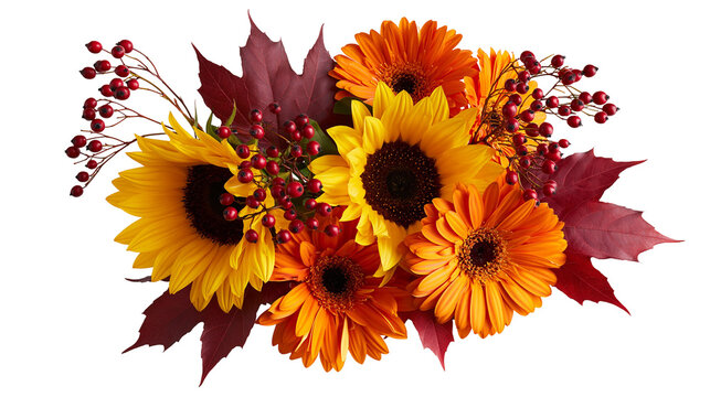 Autumn floral bouquet with yellow sunflowers orange gerbera daisies and red berries