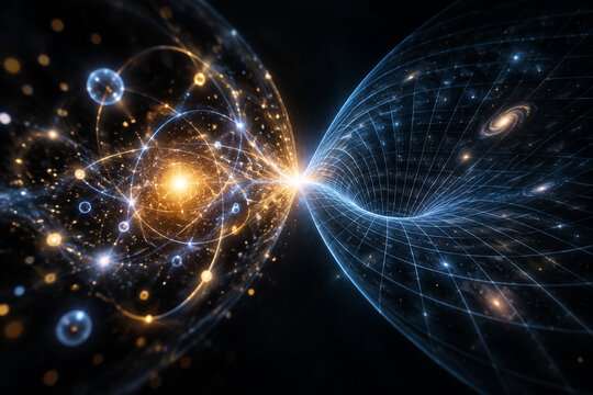 Quantum particles and curved spacetime grid merging, science and abstract physics concept