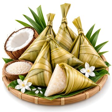 Traditional Ketupat Palas Glutinous Rice Wrapped in Woven Palm Leaves, Malaysian Hari Raya Food Clip Art