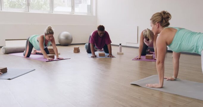 Stretching, fitness and pregnancy with women in yoga class for pelvic floor health, flexibility and workout. Pilates, prenatal exercise and healing with people in studio for zen and wellness balance
