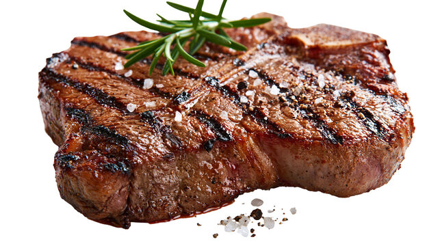Grilled T-bone steak with charred grill marks and fresh rosemary sprig