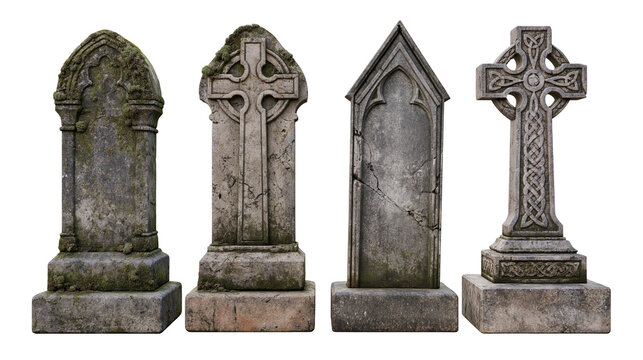 Four weathered stone tombstones with Celtic crosses and gothic architectural detail