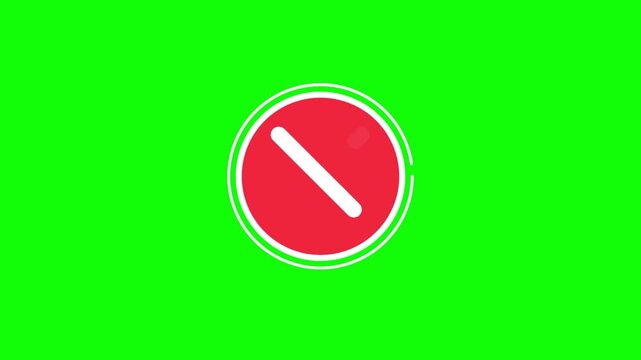 Prohibition sign icon video animation. Red circle with diagonal slash on chroma key green screen background. Stop symbol motion graphic for UI UX design and security warning alerts.