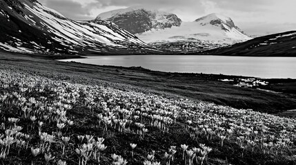 Fototapeta premium Meadow filled with crocuses near a lake and mountains