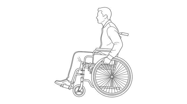 Black and white line drawing of a person sitting in a manual wheelchair with disabled person mobility aid line art design element inclusive design