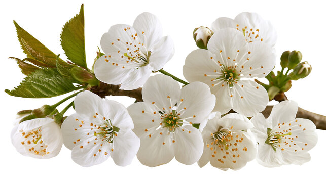 White cherry blossom flowers on a branch with green leaves and buds