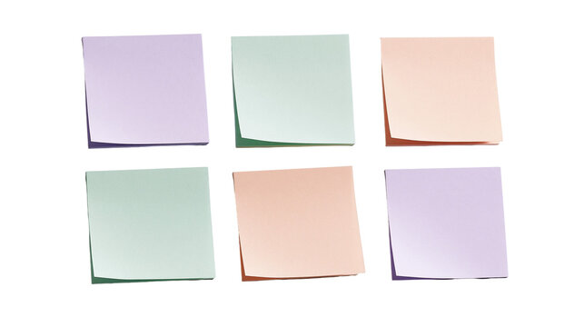Six colorful square sticky notes arranged in two rows