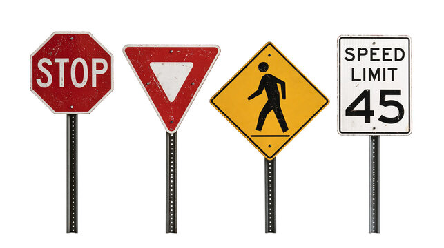 Weathered metal road signs including stop yield pedestrian crossing and speed limit