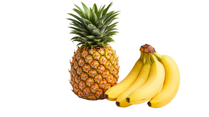 Fresh ripe pineapple with green leaves and a bunch of yellow bananas © Cressida