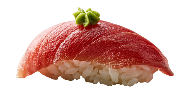 Fresh tuna nigiri sushi topped with a small dollop of green wasabi paste