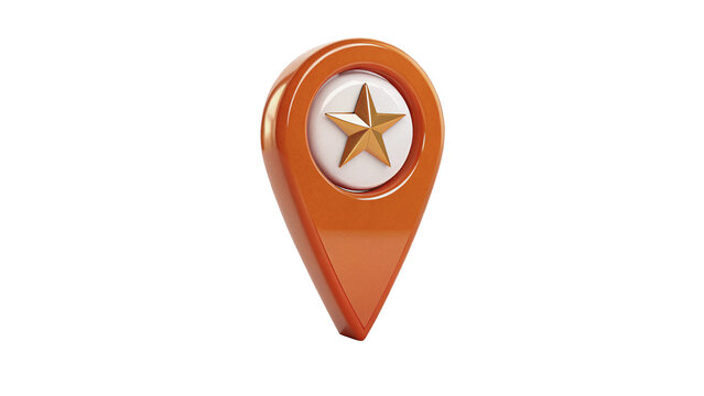 Orange plastic location pin marker with star icon isolated on transparent background