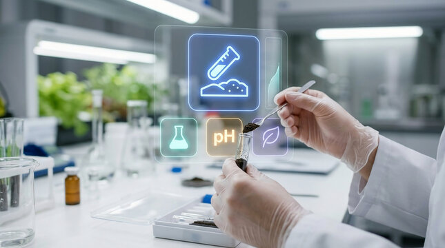 Advanced agricultural research scientist testing soil sample in glass tube with digital holographic interface showing pH level and nutrients in lab