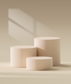 3D Beige podium background for empty cylinder pedestal product display presentation mockup with interior concept
