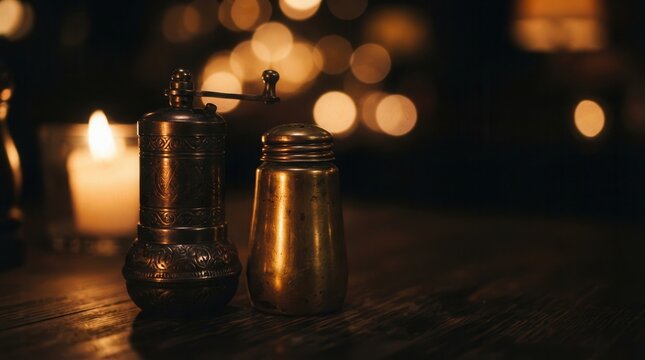 Vintage Brass Salt and Pepper Shakers on Table
