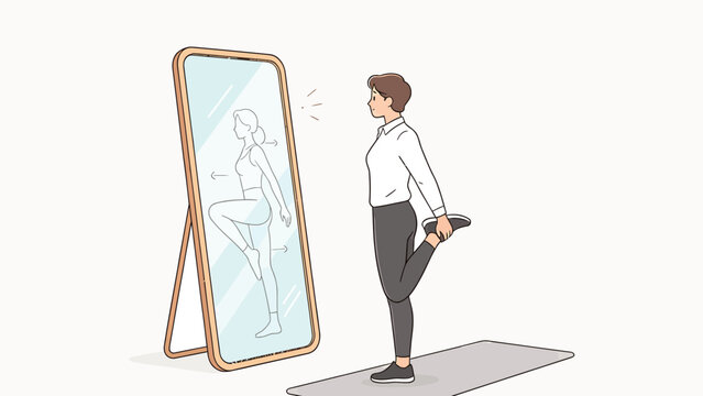 A man in workout gear stretches leg while looking at mirror illustration showing correct exercise posture