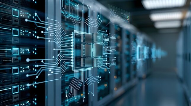 Futuristic server room with glowing blue microchip circuit board graphics symbolizing big data, cloud computing, and advanced technology infrastructure