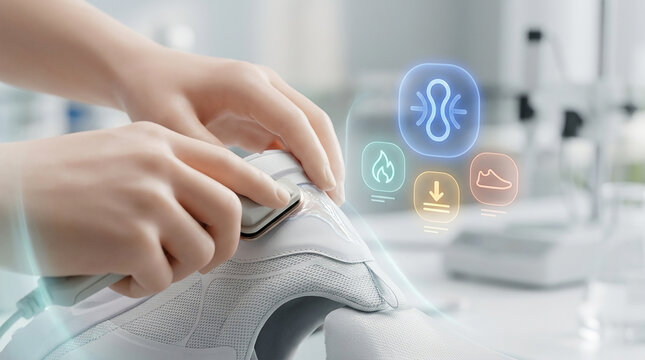 Close-up of technician hands using advanced digital scanner on a modern sneaker in a high-tech laboratory with glowing holographic data interface