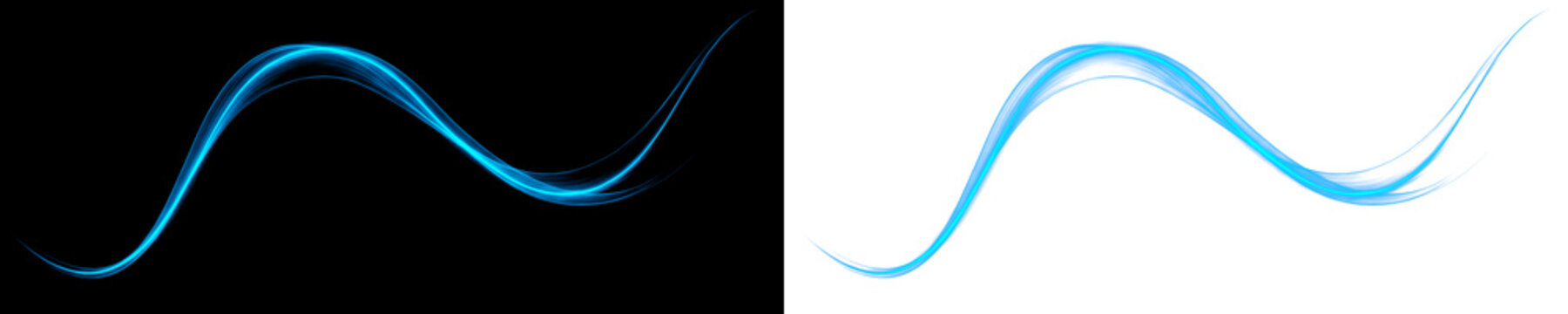 Smooth cyan blue glowing light wave trail line effect set on split black and white background   