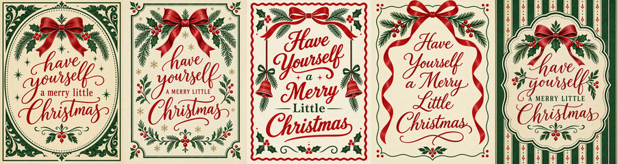 Obraz premium Have yourself a merry little Christmas card set of 5. Traditional vintage holiday typography greeting cards bundle with red bows, bells, and pine wreath