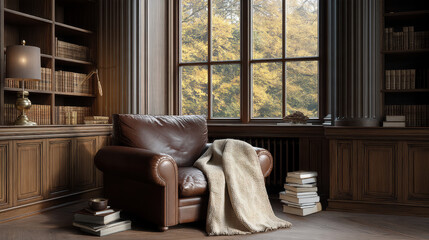 Obraz premium Leather armchair cozy blanket wooden bookshelf large window autumn view elegant country warm light peaceful