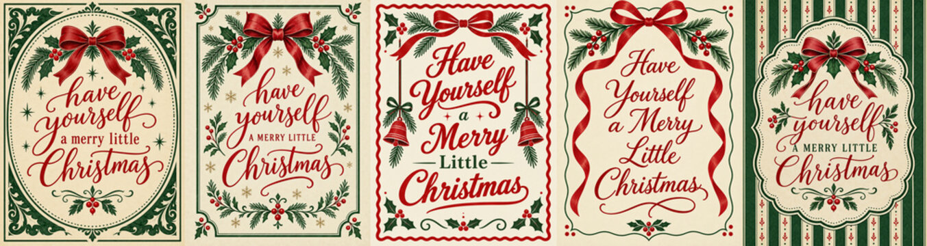 Have yourself a merry little Christmas card set of 5. Traditional vintage holiday typography greeting cards bundle with red bows, bells, and pine wreath