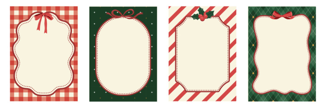 Collection of four vintage Christmas card templates featuring red and green plaid patterns, decorative frames, and blank copy space for holiday greetings, invitations, posters, and seasonal designs.. 
