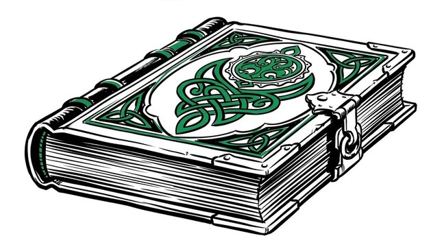 Illustration of a fantasy magic book with green celtic knot patterns