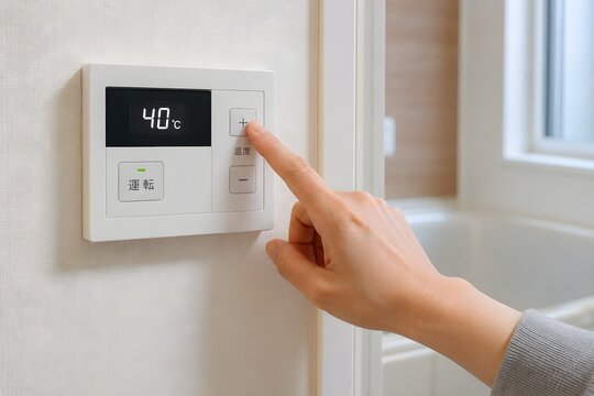 浴室前の給湯器リモコンでお湯を40度に設定する手元