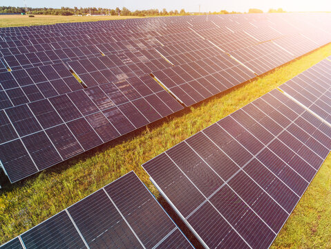 Agrivoltaics solar panels over farmland at sunset for sustainable agriculture
