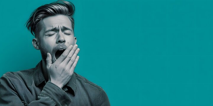 Tired young man yawning while covering his mouth with his hand against a turquoise background.